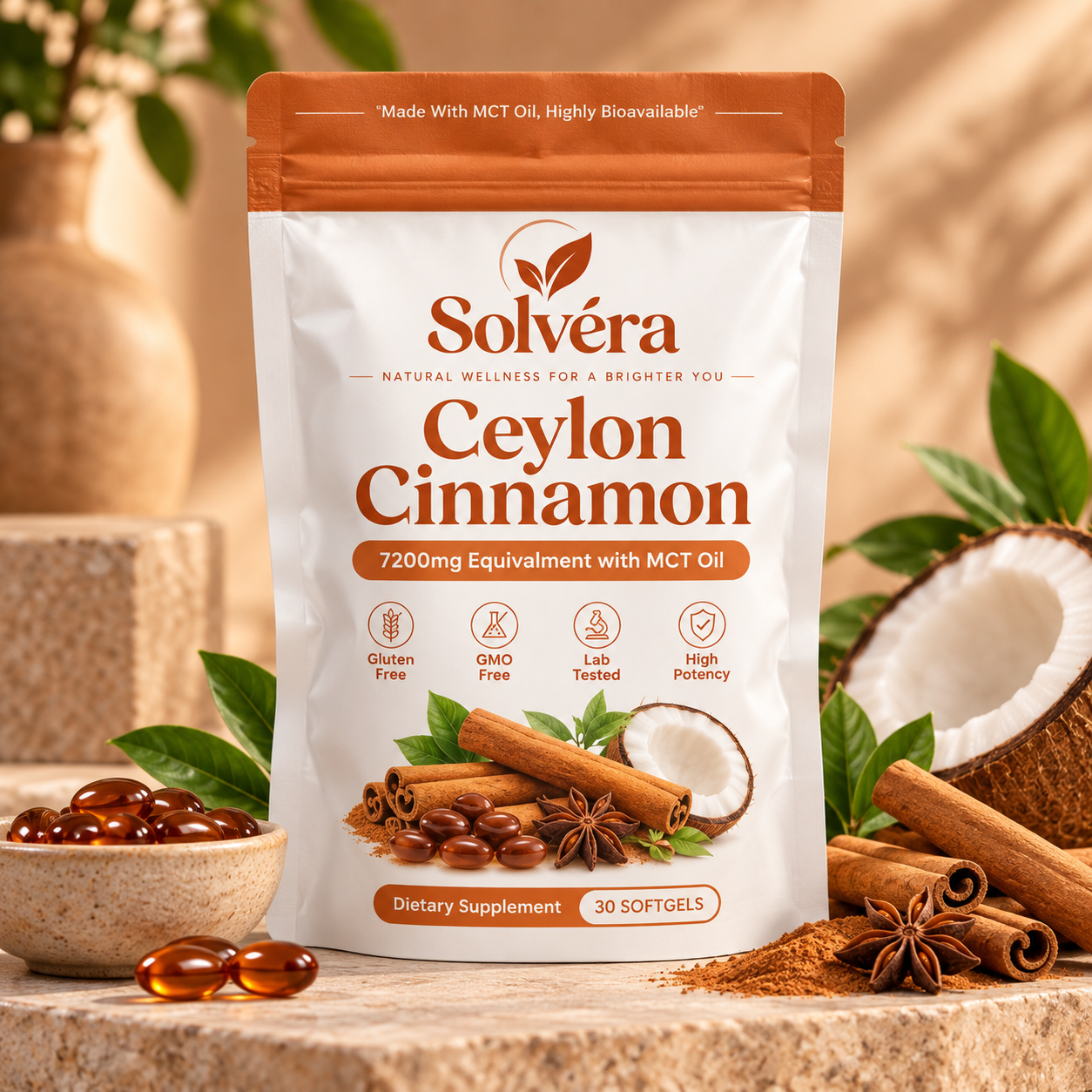 Ceylon cinnamon, coconut oil and vegetable capsules